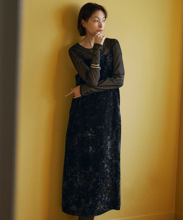 ICB 【洗える】 シアーベルベット キャミソールワンピース ブラック系