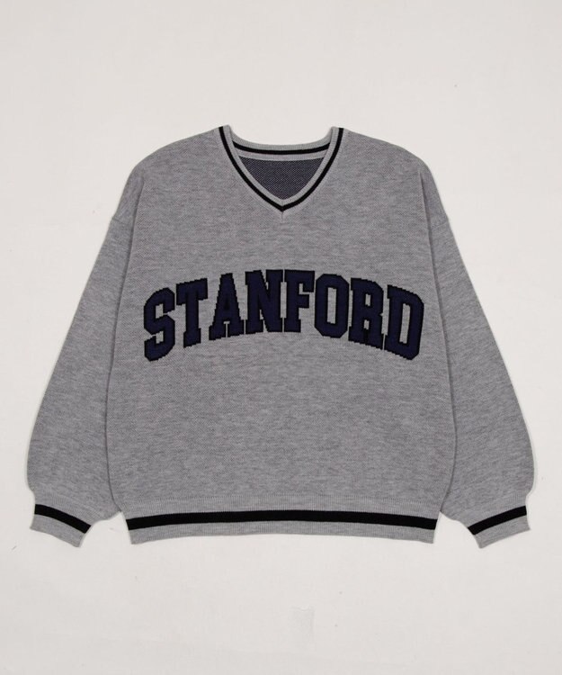 WEGO VネックグラフィックニットBIGプルオーバー 杢グレー