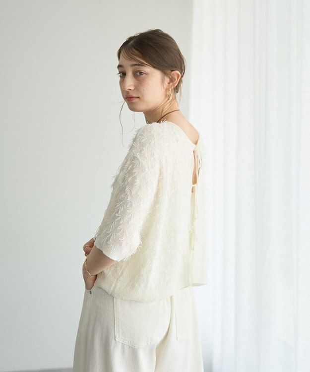 YECCA VECCA 2wayリボンフリンジニットカーディガン Off White