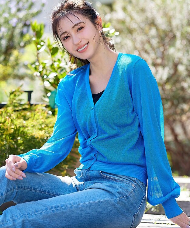 Tiaclasse 【洗える】シアーパフスリーブカーディガン ブルー