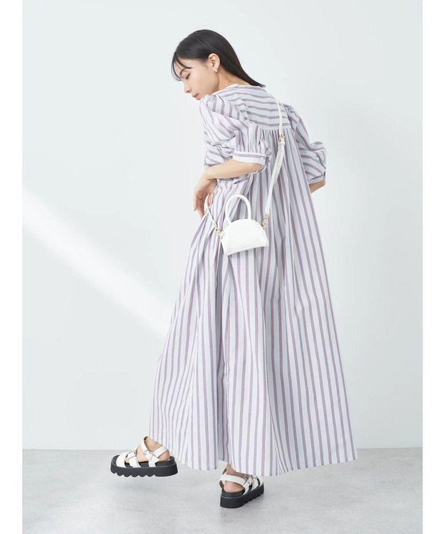earth music&ecology ポプリンフレアワンピース Stripe Sax