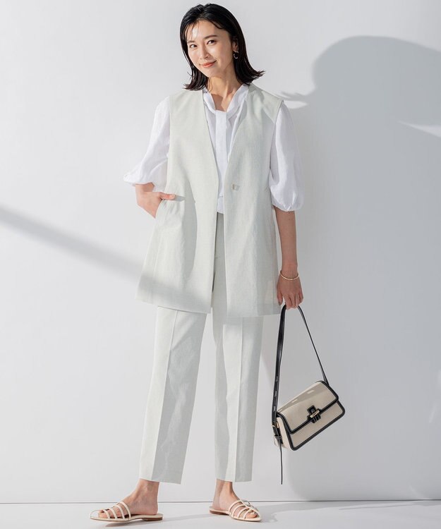 23区 L 【セットアップ対応】オックスストレッチ ノーカラー ジレ ライトグレー系