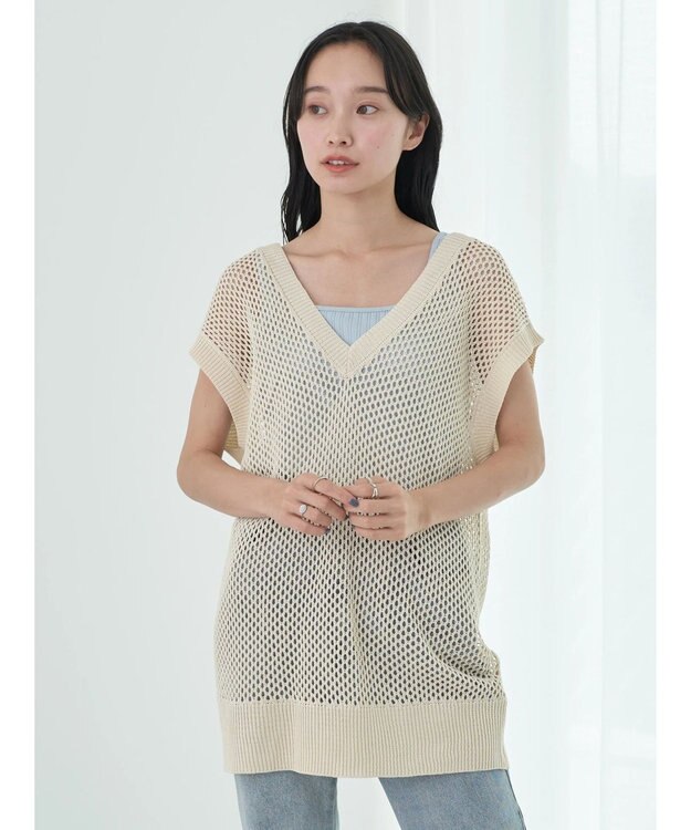 earth music&ecology Ｖネックメッシュベスト Ivory