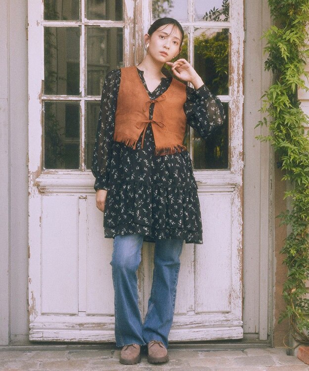 earth music&ecology 【セルフカット可】ストレッチフレアデニムパンツ Indigo