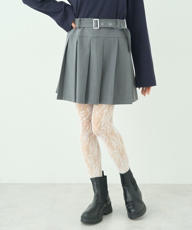 earth music&ecology ベルト付きプリーツミニスカート Gray