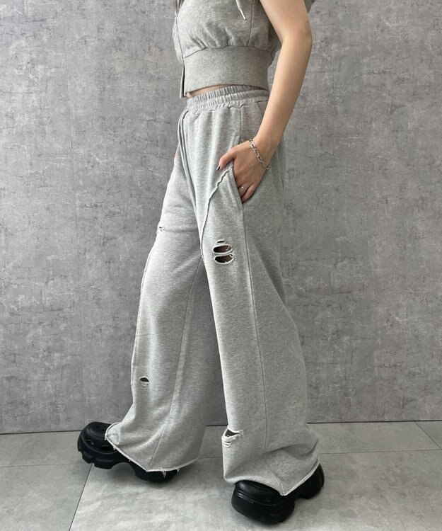 WEGO 【ウエストゴム】ヴィンテージウォッシュスウェットワイドパンツ 杢グレー