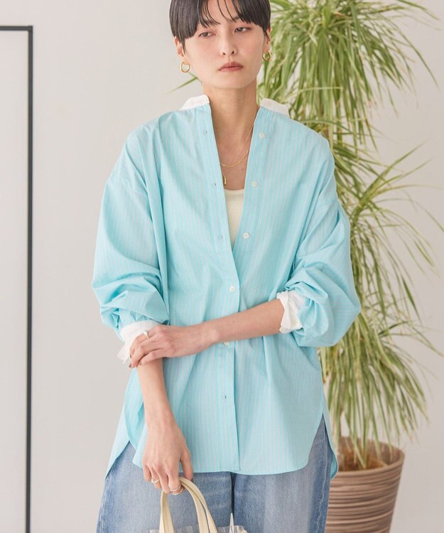 AMERICAN HOLIC イージーケアバンドカラーロングシャツ Stripe Green