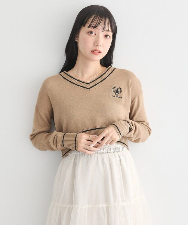 earth music&ecology キャットロゴショートニットプルオーバー Gray Beige