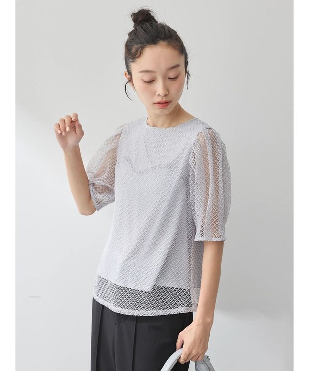 earth music&ecology 袖シアーレースプルオーバー Grayish Blue