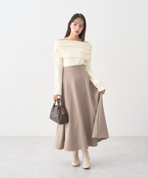 earth music&ecology リボンギャザーオフショルニットプルオーバー Ivory