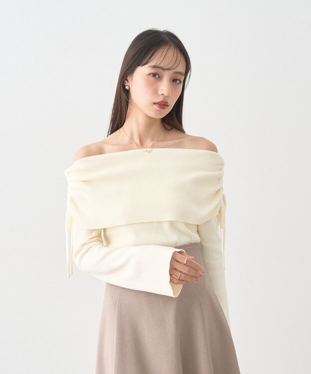 earth music&ecology リボンギャザーオフショルニットプルオーバー Ivory