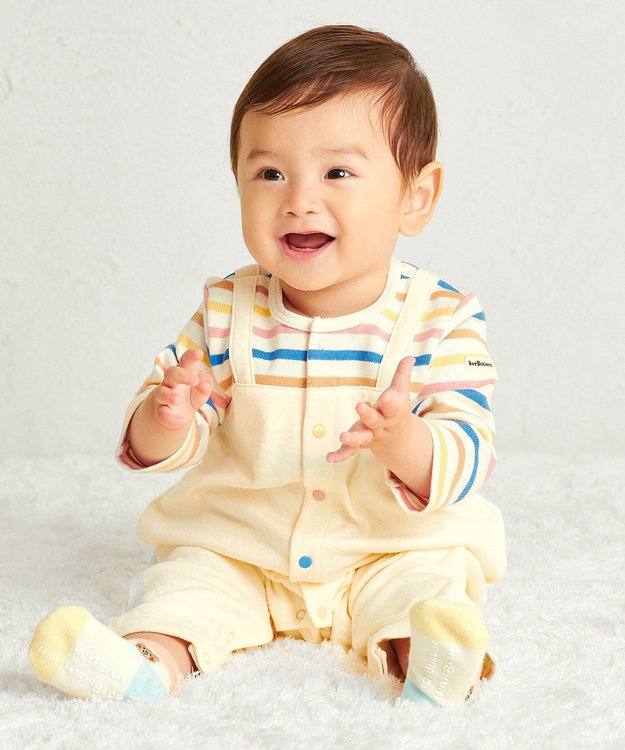 MIKI HOUSE HOT BISCUITS 【70-80cm】 ボーダー柄 重ね着風  カバーオール