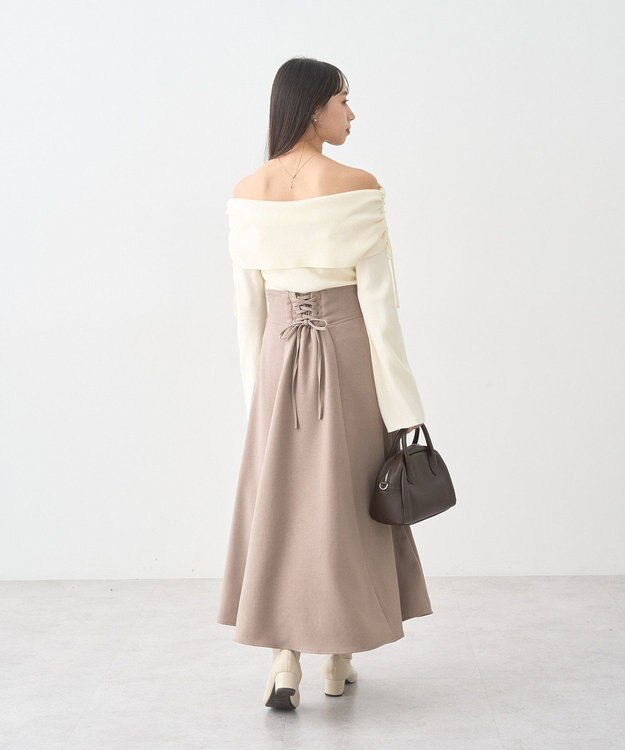 earth music&ecology リボンギャザーオフショルニットプルオーバー Ivory