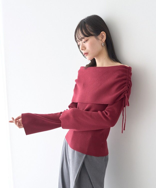 earth music&ecology リボンギャザーオフショルニットプルオーバー Bordeaux