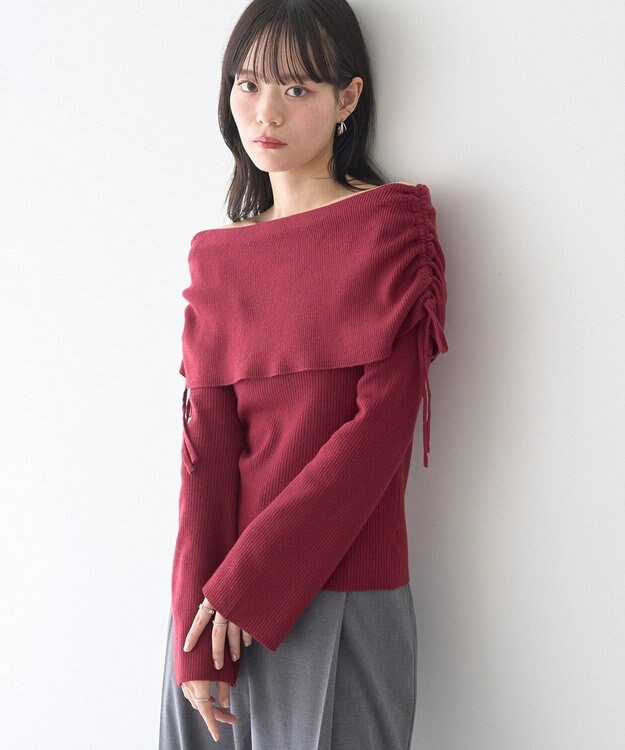 earth music&ecology リボンギャザーオフショルニットプルオーバー Bordeaux