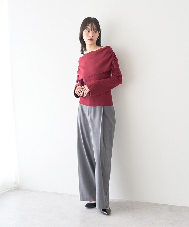 earth music&ecology リボンギャザーオフショルニットプルオーバー Bordeaux