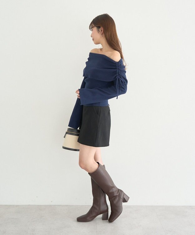 earth music&ecology リボンギャザーオフショルニットプルオーバー Navy