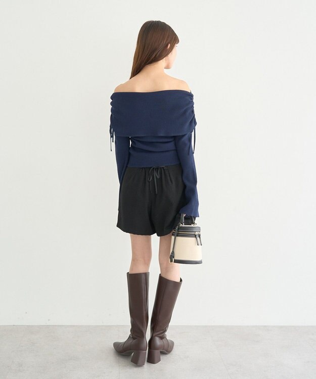 earth music&ecology リボンギャザーオフショルニットプルオーバー Navy