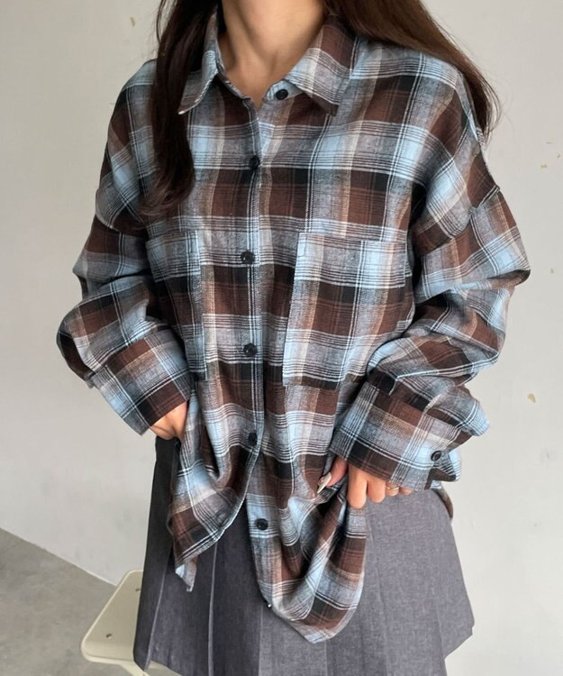 WEGO チェックBIGシャツ ブラウンチェック1