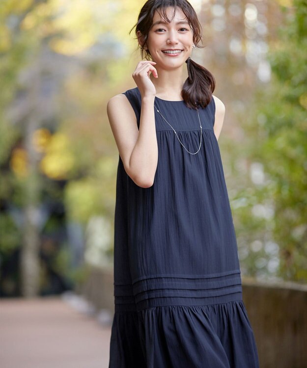 Tiaclasse 【小倉優子さん着用・洗える・XSサイズ】麻調ピンタックロングワンピース ネイビー