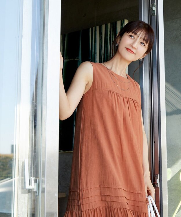 Tiaclasse 【小倉優子さん着用・洗える・XSサイズ】麻調ピンタックロングワンピース オレンジ
