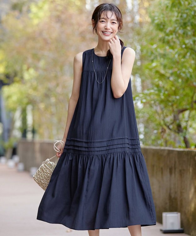 Tiaclasse 【小倉優子さん着用・洗える・XSサイズ】麻調ピンタックロングワンピース ネイビー