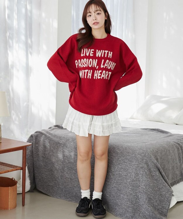 WEGO グラフィックBIGニットプルオーバー レッド