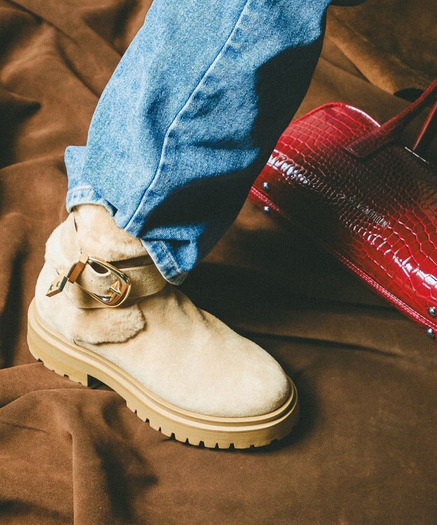 STEVE MADDEN LODGE ファースエードバックルショートブーツ タン