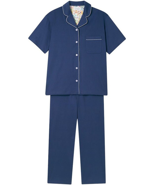 une nana cool 【綿100%】60/2 やわらか天竺 半袖開襟パジャマ MADE WITH LIBERTY FABRIC ダークブルー