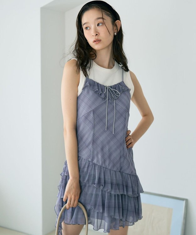 earth music&ecology フロントリボンチェックミニキャミワンピース Check Gray