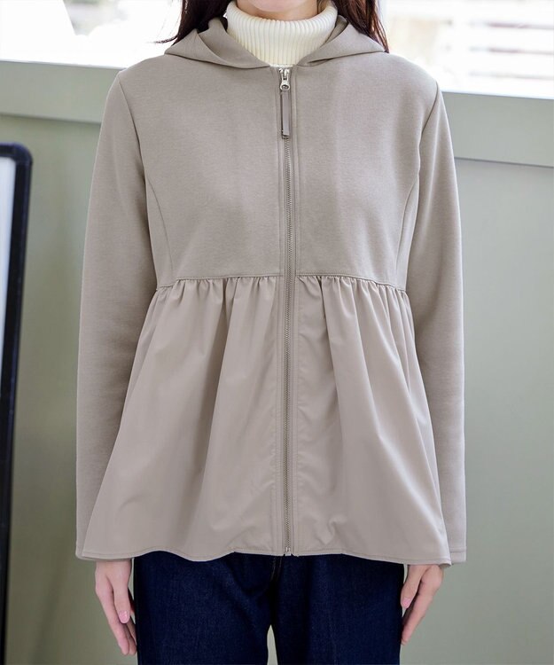 Tiaclasse L 【洗える】異素材ジップフレアパーカー グレージュ