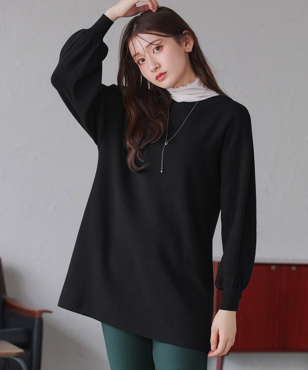 Tiaclasse L 【安田美沙子さん着用・洗える】ボリュームパフスリーブニットチュニック ブラック