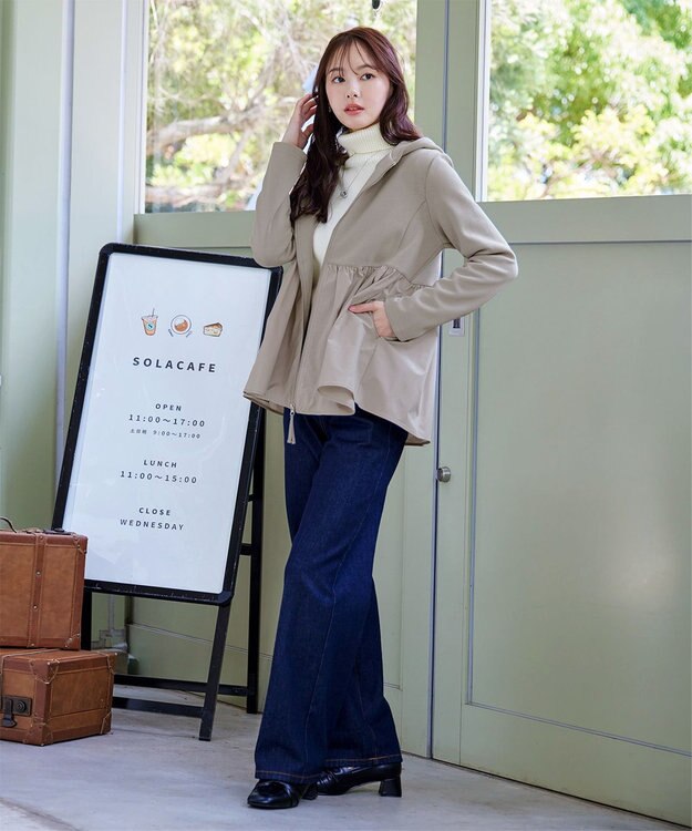 Tiaclasse L 【洗える】異素材ジップフレアパーカー グレージュ