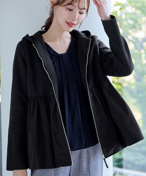 Tiaclasse L 【洗える】異素材ジップフレアパーカー ブラック