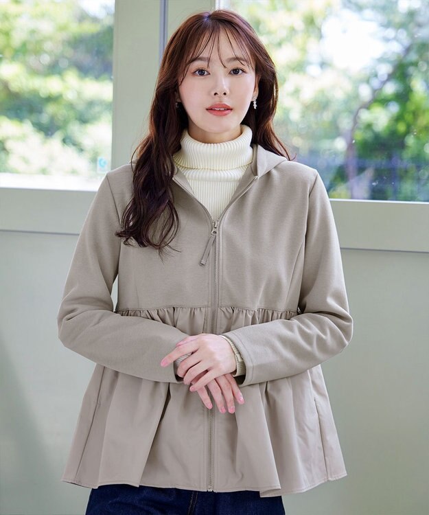 Tiaclasse L 【洗える】異素材ジップフレアパーカー グレージュ