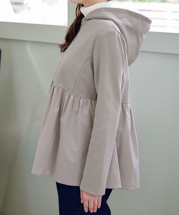 Tiaclasse L 【洗える】異素材ジップフレアパーカー グレージュ