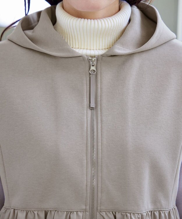 Tiaclasse L 【洗える】異素材ジップフレアパーカー グレージュ