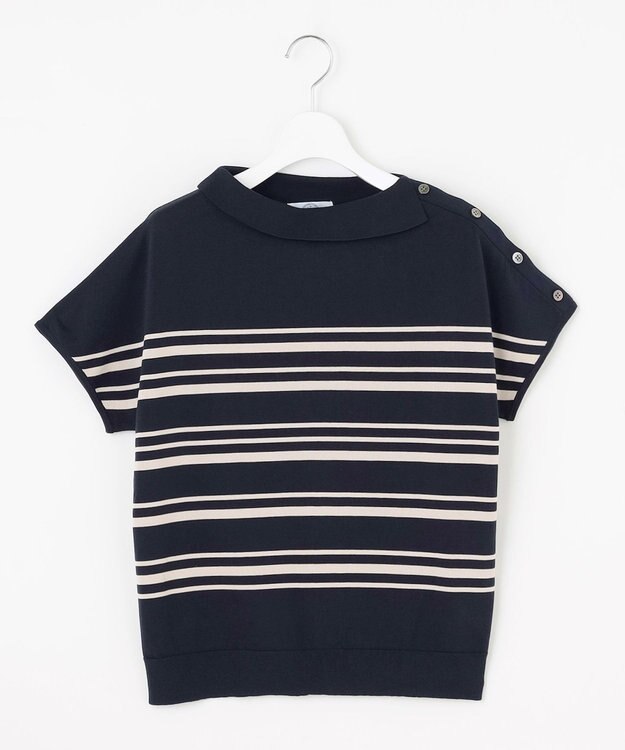 J.PRESS LADIES 【WEB限定カラーあり・洗える・抗菌防臭】COTTON POLYESTER ボーダー 襟付き ニット ネイビー×グレージュ系