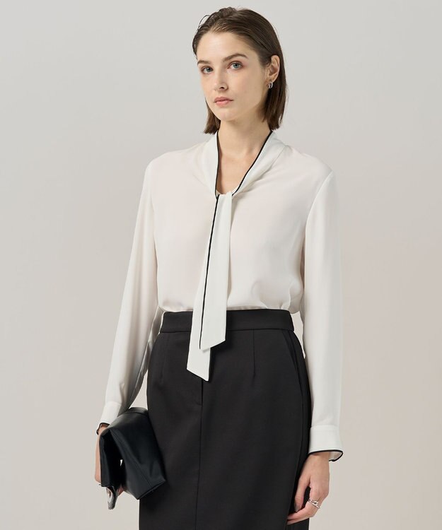 ICB L 【接触冷感・UVケア・速乾・洗える】BackSatinAmunzen 配色ボウタイブラウス オフホワイト系