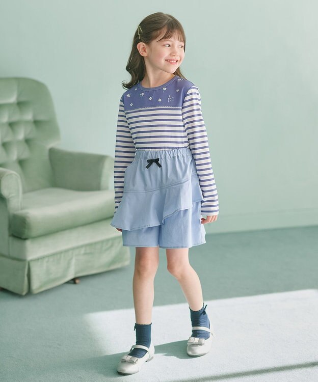 組曲 KIDS 【150-160㎝】フラワー刺繍ボーダー Tシャツ ダスクブルー系