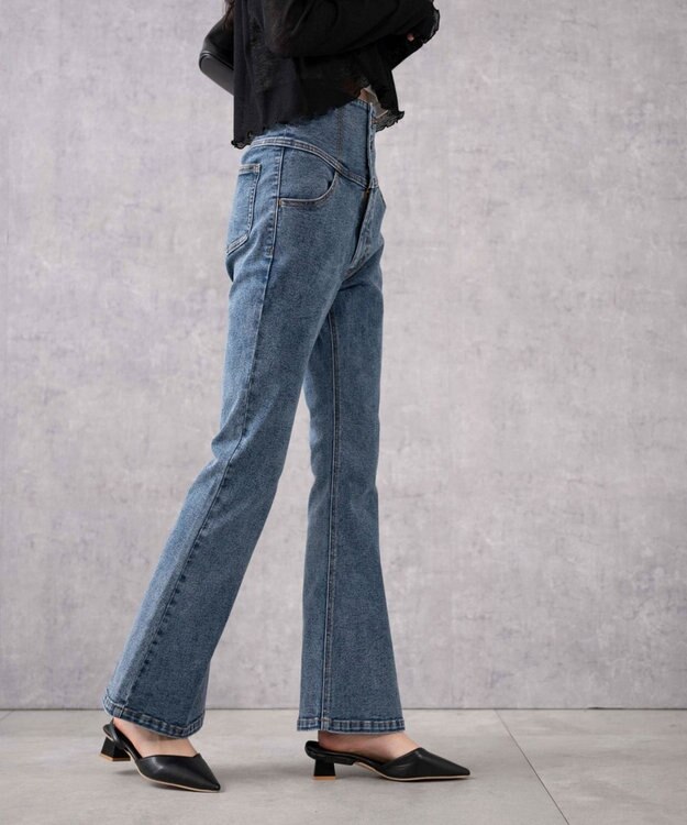 WEGO ハイウエストストレッチフレアデニムパンツ デニム中濃加工色