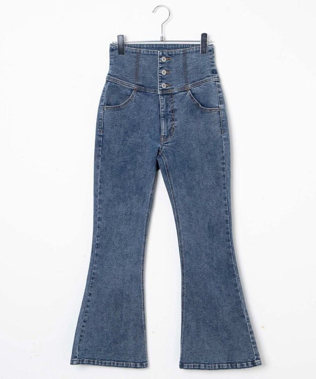 WEGO ハイウエストストレッチフレアデニムパンツ デニム中濃加工色