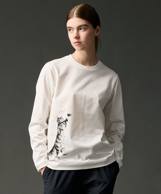 JOSEPH ABBOUD MOUNTAIN 【テーム・ヤルヴィモチーフ】プレーティング天竺 ロングTシャツ ホワイト×ネコ