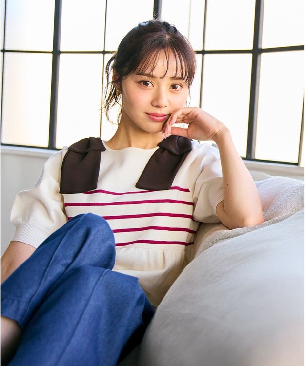 Feroux 肩リボン ペプラムニット ピンク系ボーダー