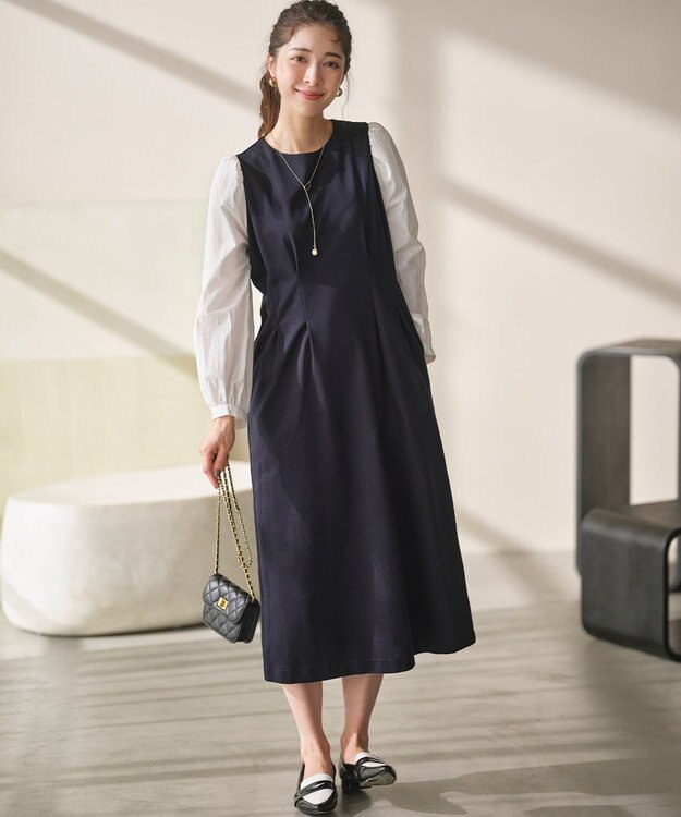 組曲 シャツスリーブポンチ ワンピース ネイビー×オフ系