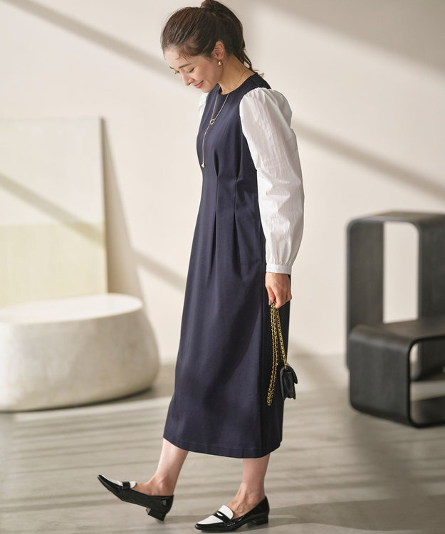 組曲 シャツスリーブポンチ ワンピース ネイビー×オフ系