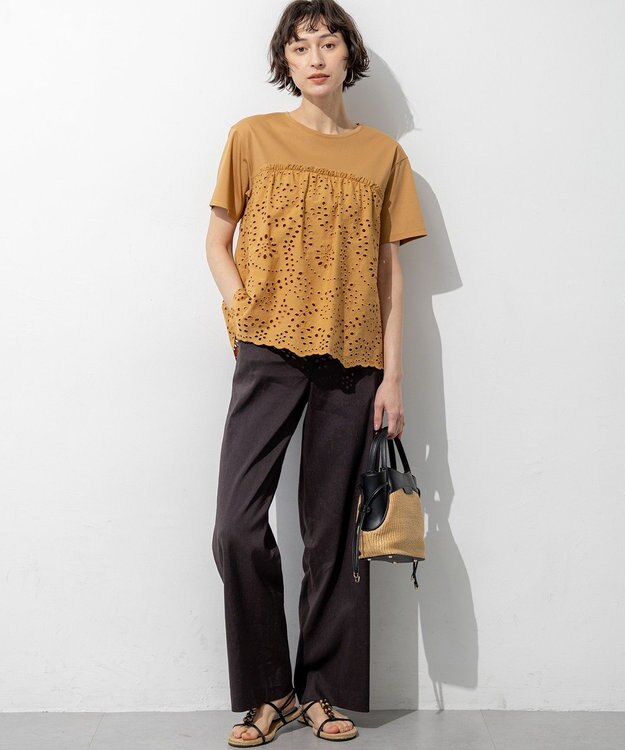 23区 【CanCam・CLASSY.掲載】リネンレーヨンストレッチ ワイドパンツ ダークブラウン系