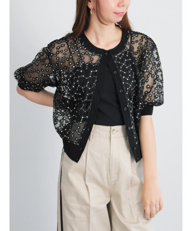 Te chichi エンブロイダリー半袖クルーカーディガン ブラック