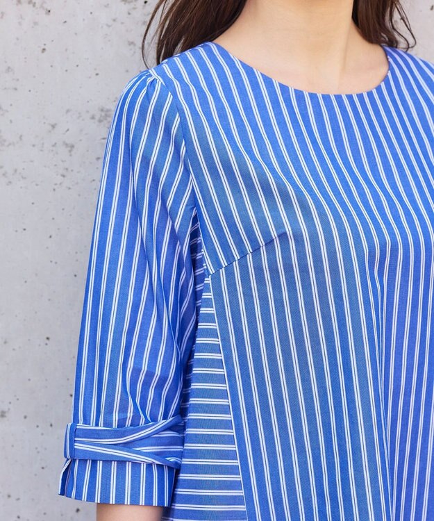 Tiaclasse L 【洗える】リボンスリーブストライプチュニックブラウス ブルー×オフストライプ