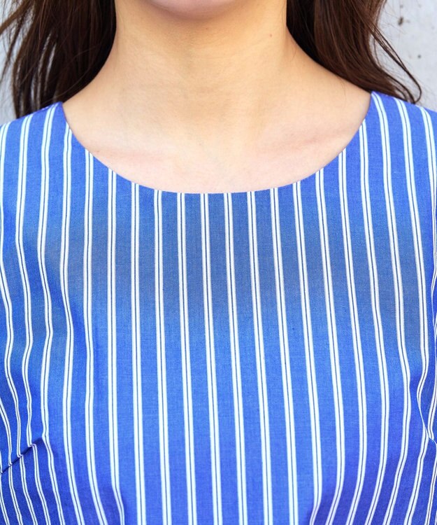 Tiaclasse L 【洗える】リボンスリーブストライプチュニックブラウス ブルー×オフストライプ
